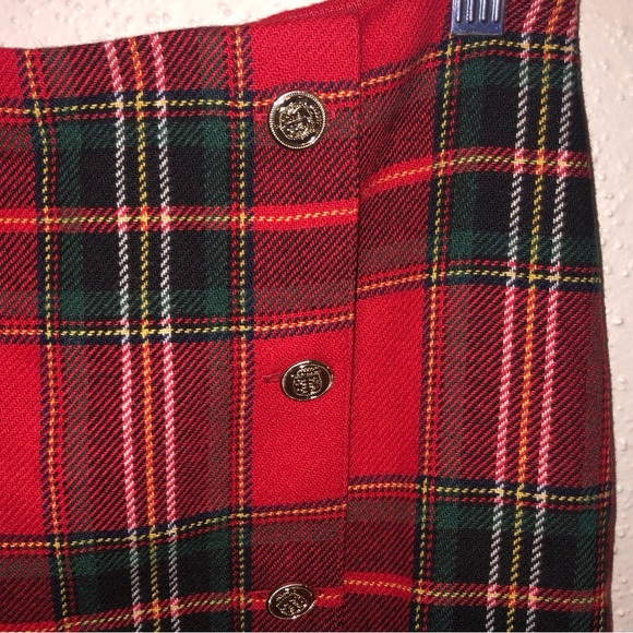 Talbots Red Tartan Plaid Wool Faux Wrap Skirt Gold Buttons - Picture 3 of 5
